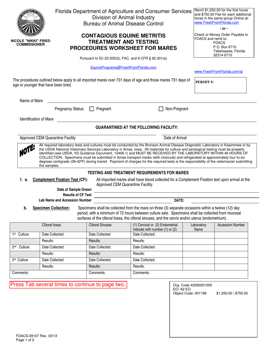 Form FDACS-09107 Contagious Equine Metritis Treatment and Testing Procedures Worksheet for Mares - Florida, Page 1