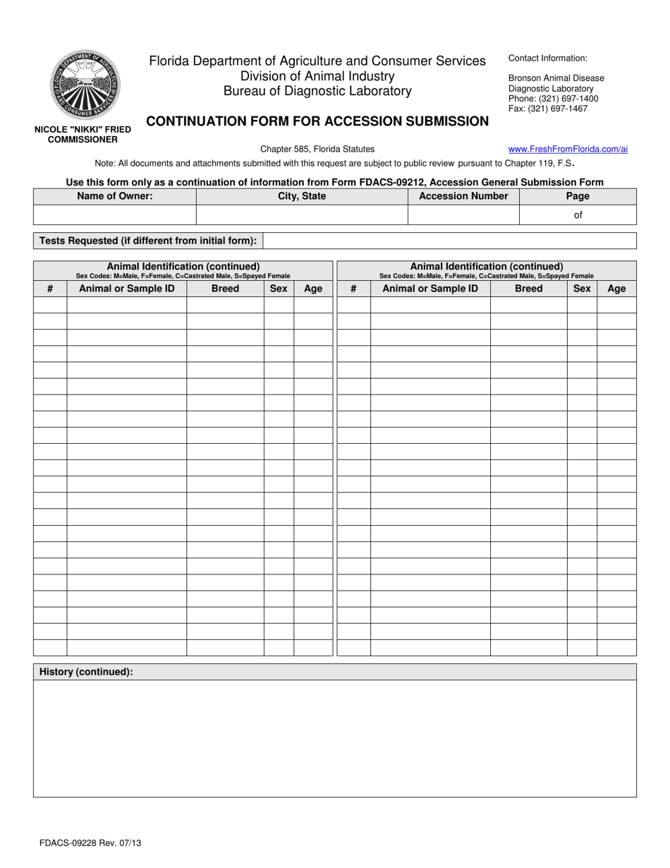 Form FDACS-09228 Continuation Form for Accession Submission - Florida, Page 1