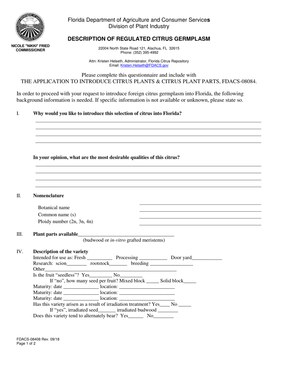 Form FDACS-08408 Description of Regulated Citrus Germplasm - Florida, Page 1