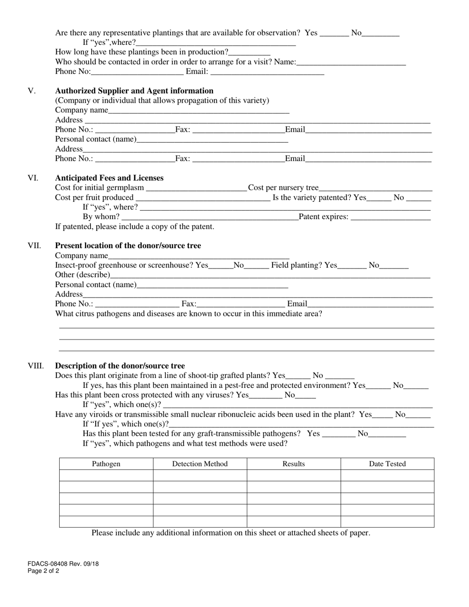 Form FDACS-08408 Description of Regulated Citrus Germplasm - Florida, Page 2