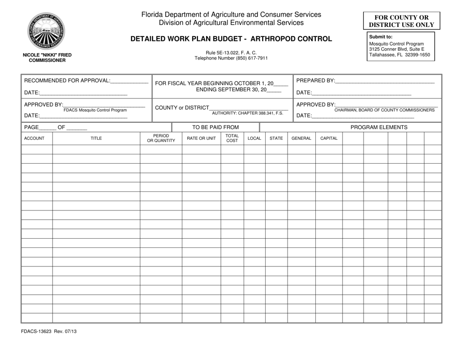 Form FDACS-13623 Detailed Work Plan Budget - Arthropod Control - Florida, Page 1