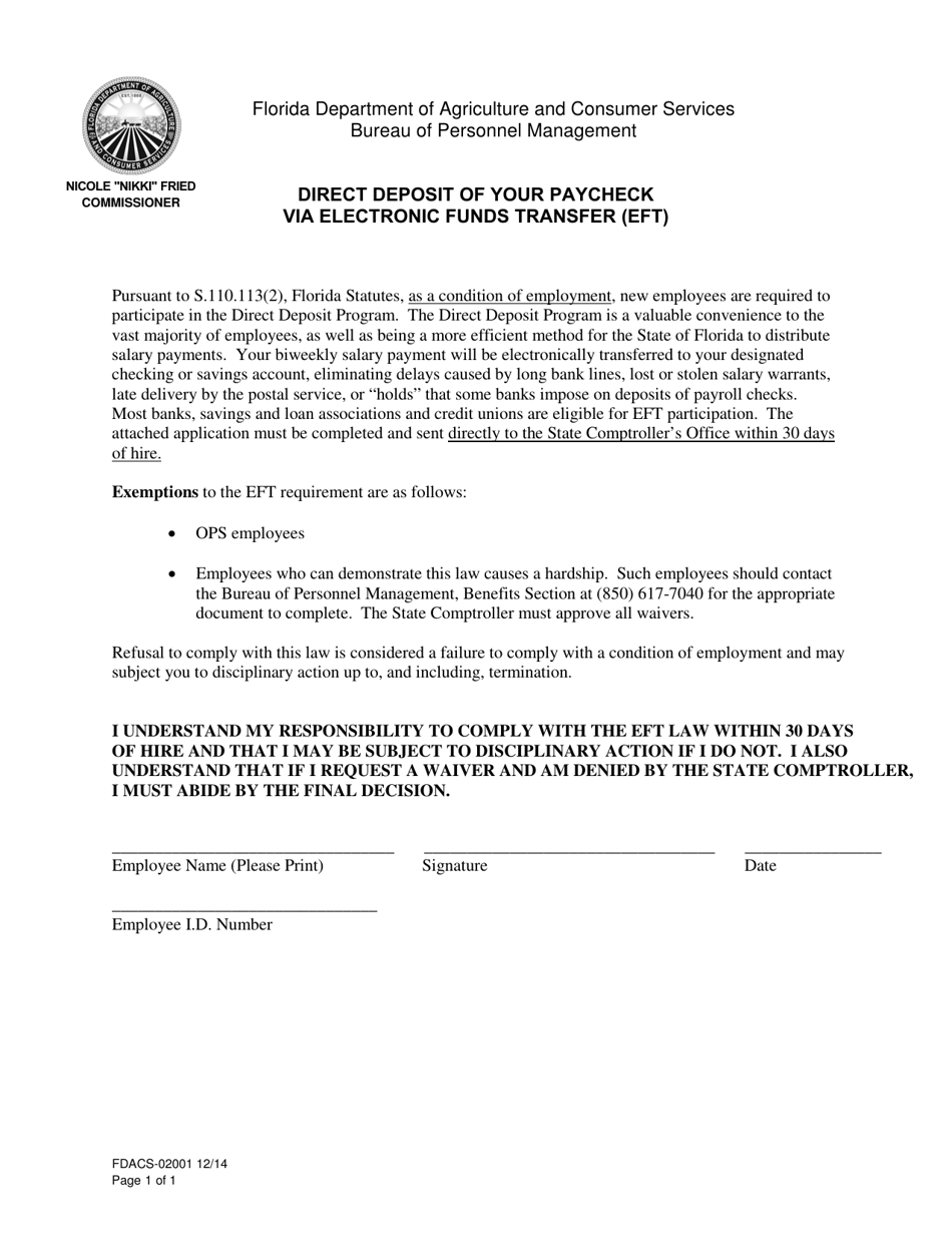 Form FDACS-02001 Direct Deposit of Your Paycheck via Electronic Funds Transfer (Eft) - Florida, Page 1