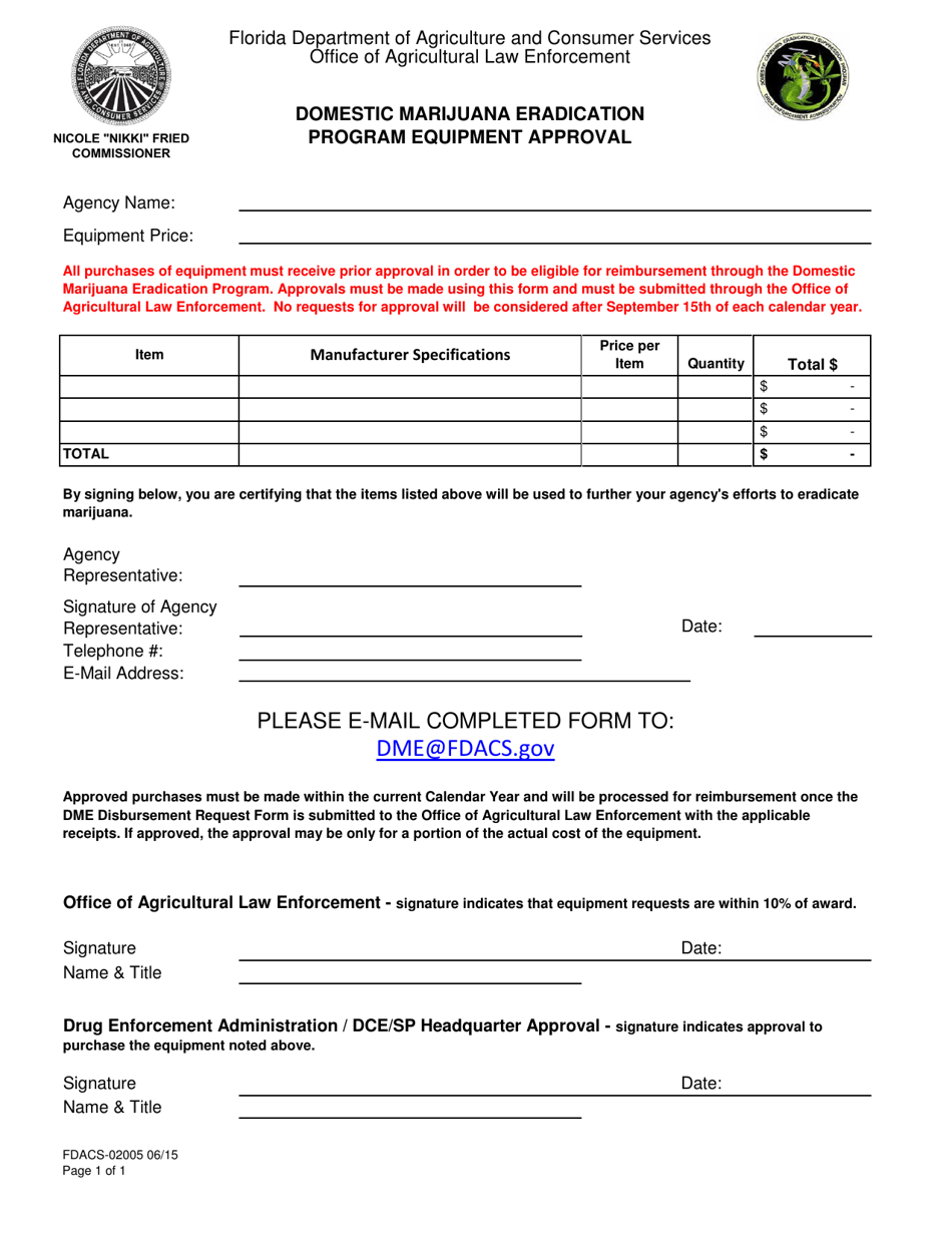 Form FDACS-02005 Domestic Marijuana Eradication Program Equipment Approval - Florida, Page 1