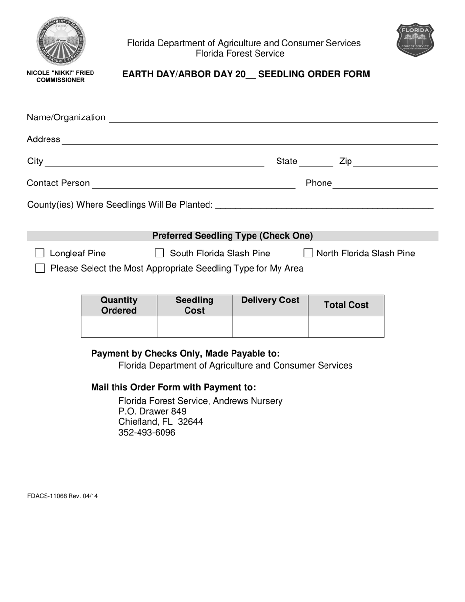 Form FDACS-11068 Earth Day / Arbor Day Seedling Order Form - Florida, Page 1