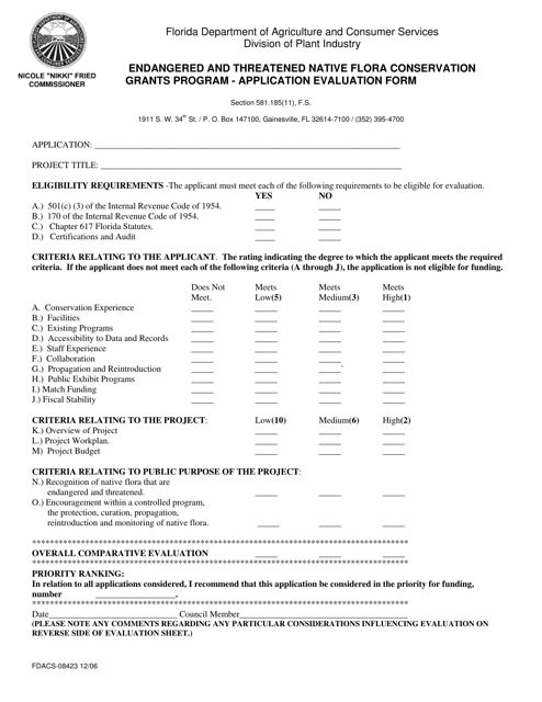 Form FDACS-08423 Endangered and Threatened Native Flora Conservation Grants Program - Application Evaluation Form - Florida