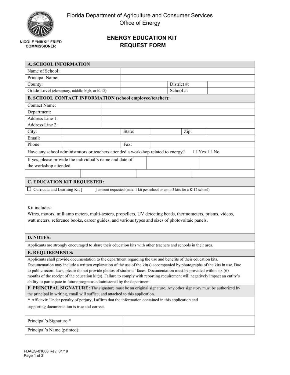 Form FDACS-01608 Energy Education Kit Request Form - Florida, Page 1