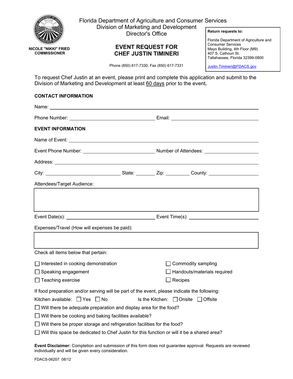 Form FDACS-06207 Event Request for Chef Justin Timineri - Florida, Page 1