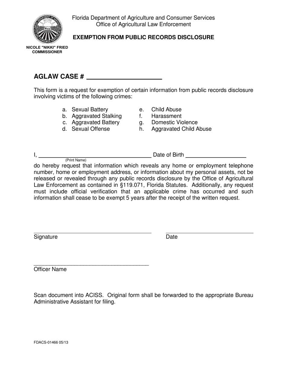 Form FDACS-01466 Exemption From Public Records Disclosure - Florida, Page 1