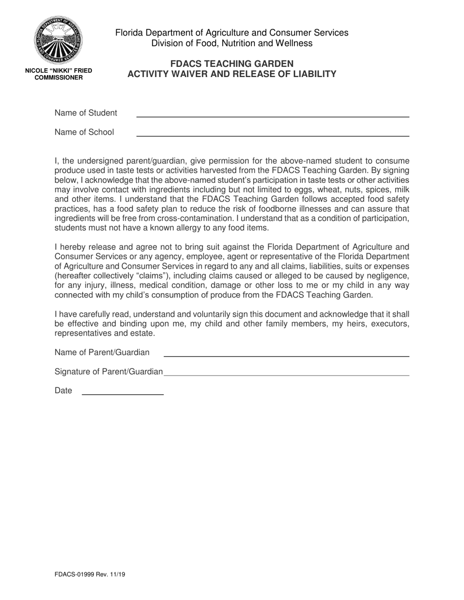 Form FDACS-01999 Fdacs Teaching Garden Activity Waiver and Release of Liability - Florida, Page 1