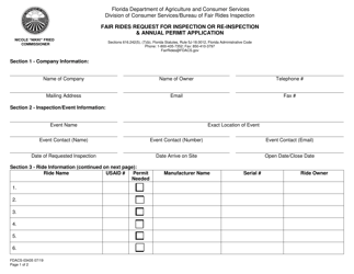 Document preview: Form FDACS-03435 Fair Rides Request for Inspection or Re-inspection & Annual Permit Application - Florida