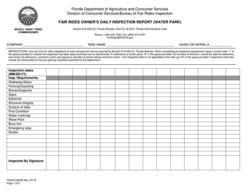 Form FDACS-03425 Fair Rides Owner's Daily Inspection Report (Water Park) - Florida