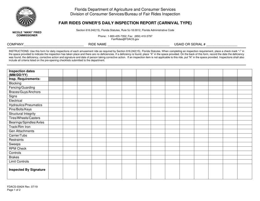 Form FDACS-03424 Fair Rides Owner's Daily Inspection Report (Carnival Type) - Florida