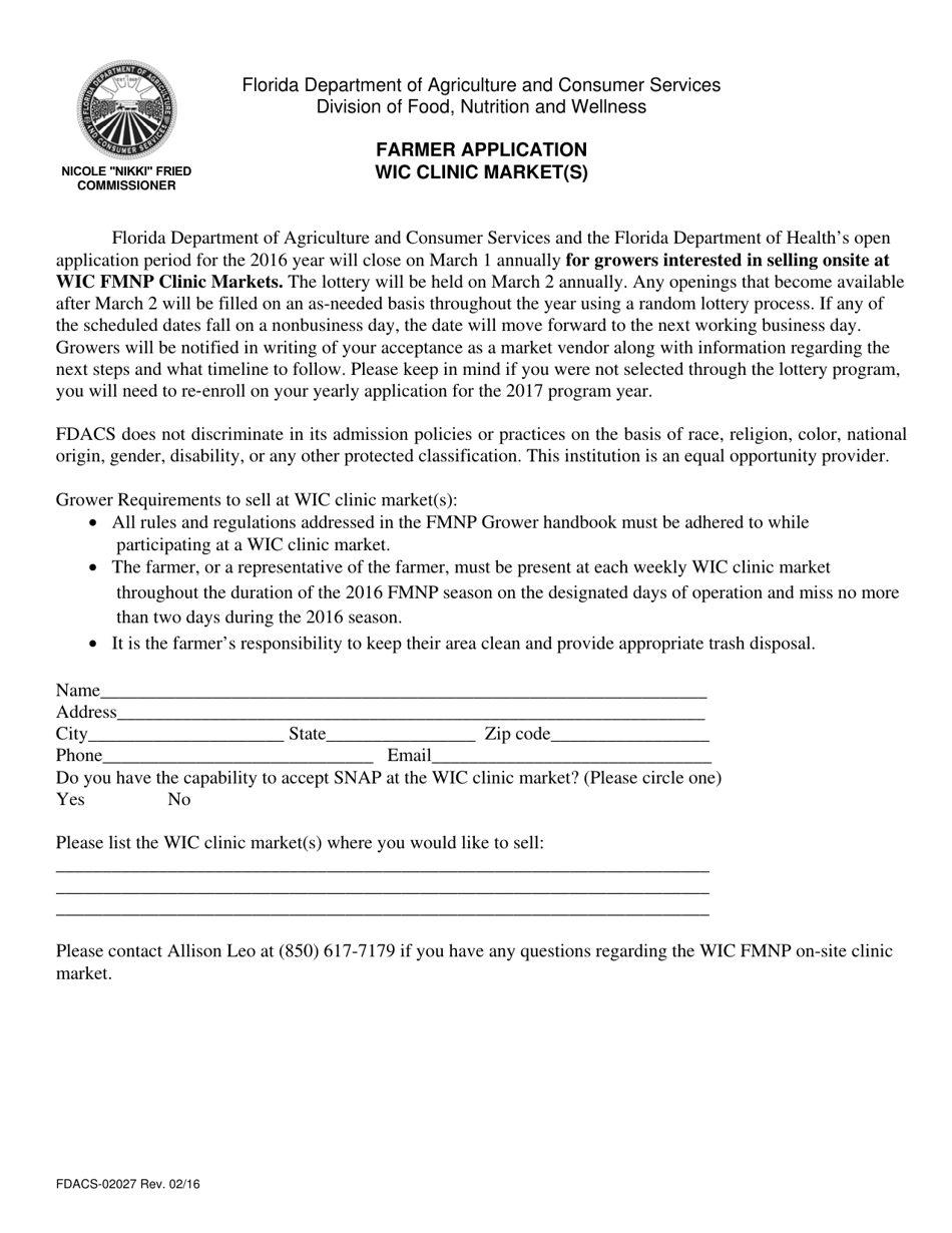 Form FDACS-02027 Farmer Application Wic Clinic Market(S) - Florida, Page 1