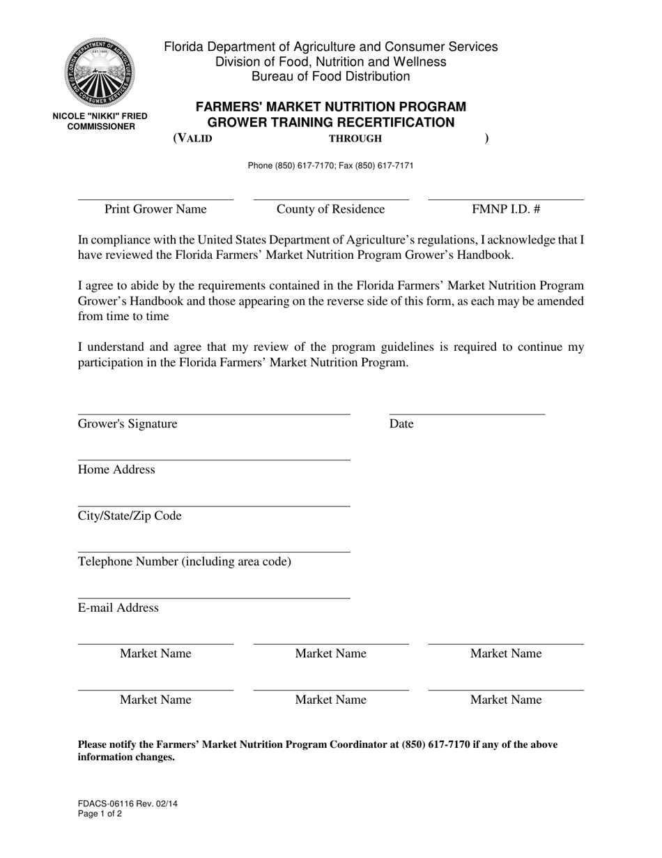 Form FDACS-06116 Farmers Market Nutrition Program Grower Training Recertification - Florida, Page 1