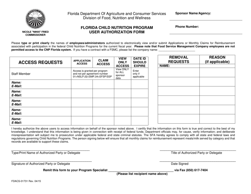 Form FDACS-01731 Florida Child Nutrition Program User Authorization Form - Florida