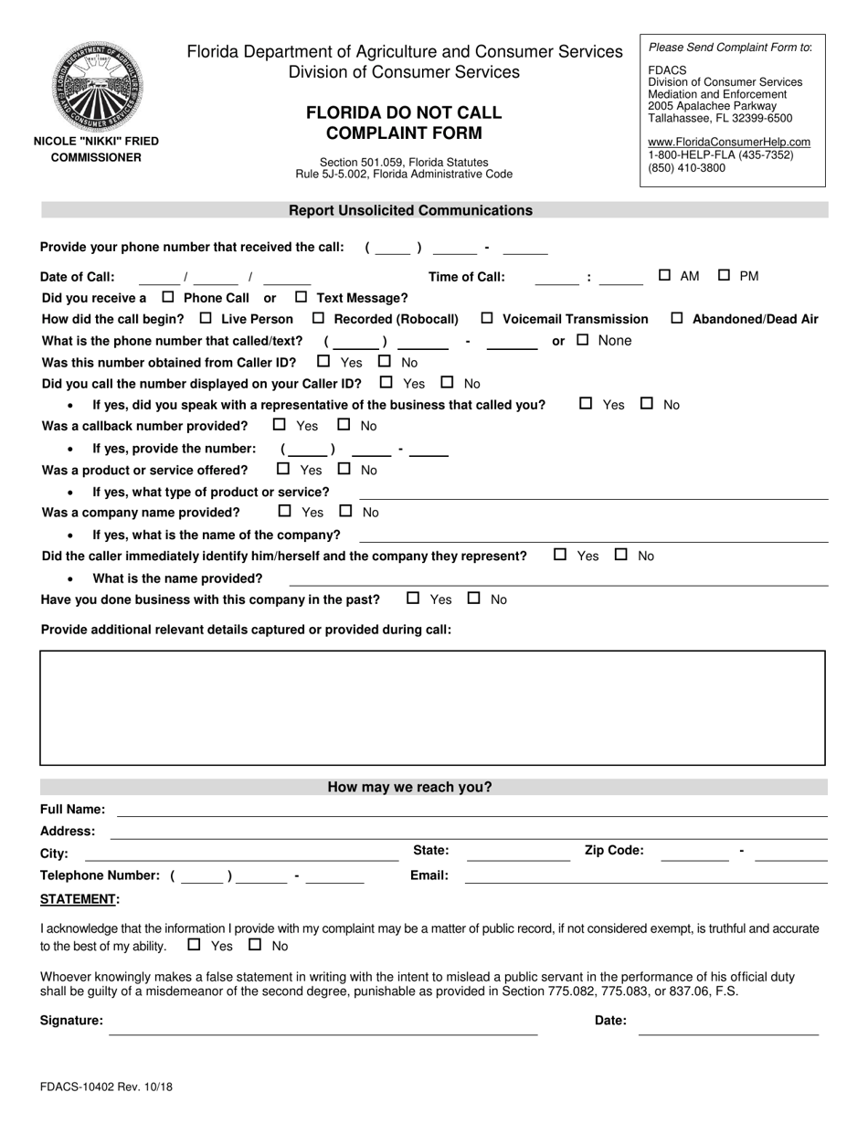 Form FDACS-10402 Florida Do Not Call Complaint Form - Florida, Page 1