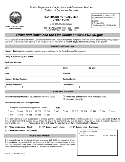 Form FDACS-10401  Printable Pdf