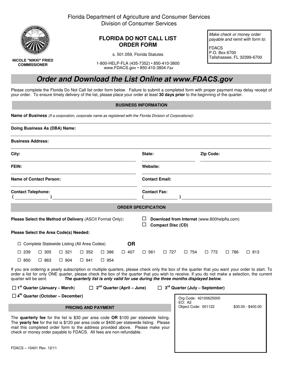 Form FDACS-10401 Florida Do Not Call List Order Form - Florida, Page 1