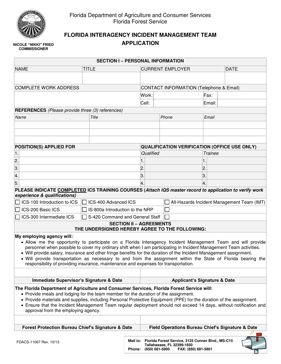 Form FDACS-11067 Florida Interagency Incident Management Team Application - Florida, Page 1