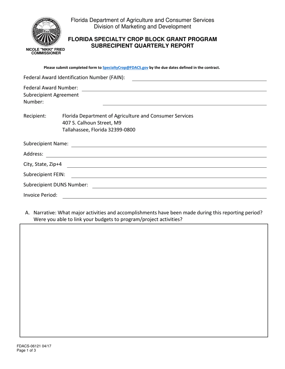 Form FDACS-06121 Florida Specialty Crop Block Grant Program Subrecipient Quarterly Report - Florida, Page 1