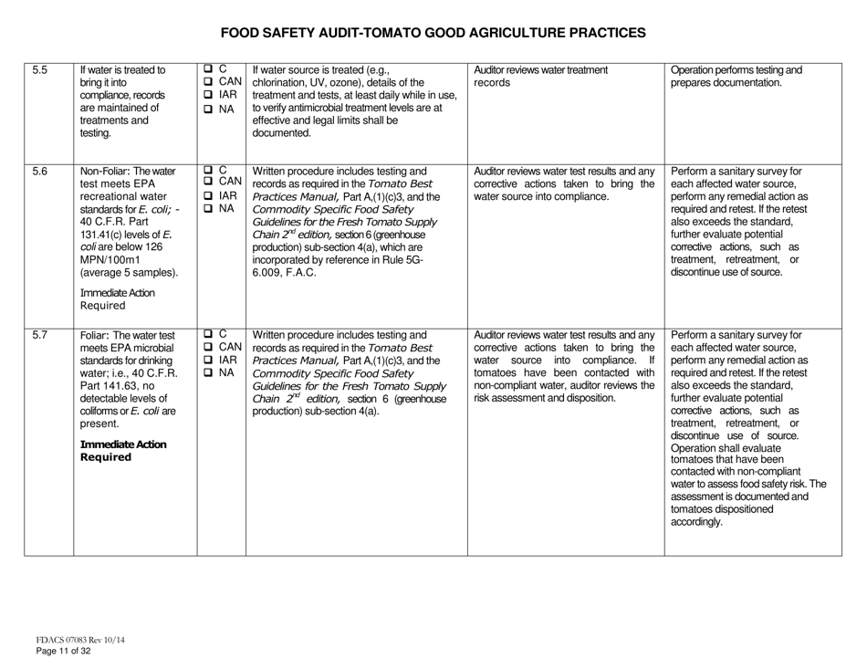 Form FDACS07083 Food Safety Audit-Tomato Good Agriculture Practices Greenhouse - Florida, Page 11