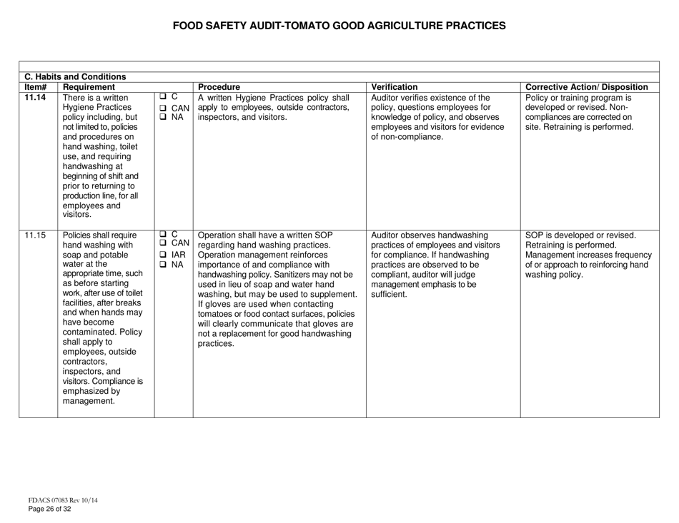 Form FDACS07083 Food Safety Audit-Tomato Good Agriculture Practices Greenhouse - Florida, Page 26