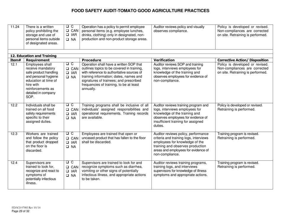 Form FDACS07083 Food Safety Audit-Tomato Good Agriculture Practices Greenhouse - Florida, Page 29