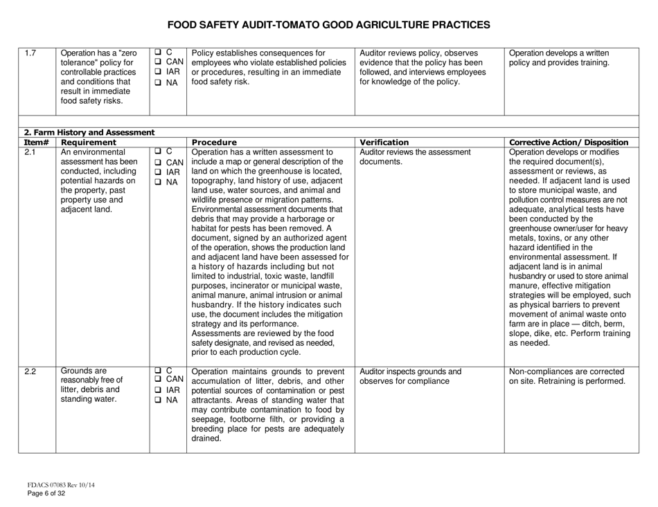 Form FDACS07083 Food Safety Audit-Tomato Good Agriculture Practices Greenhouse - Florida, Page 6