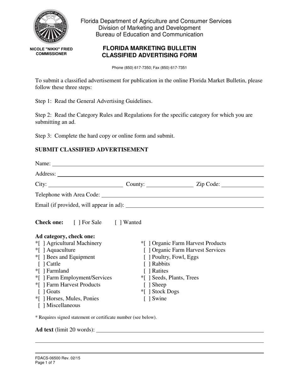 Form FDACS-06500 Florida Marketing Bulletin Classified Advertising Form - Florida, Page 1