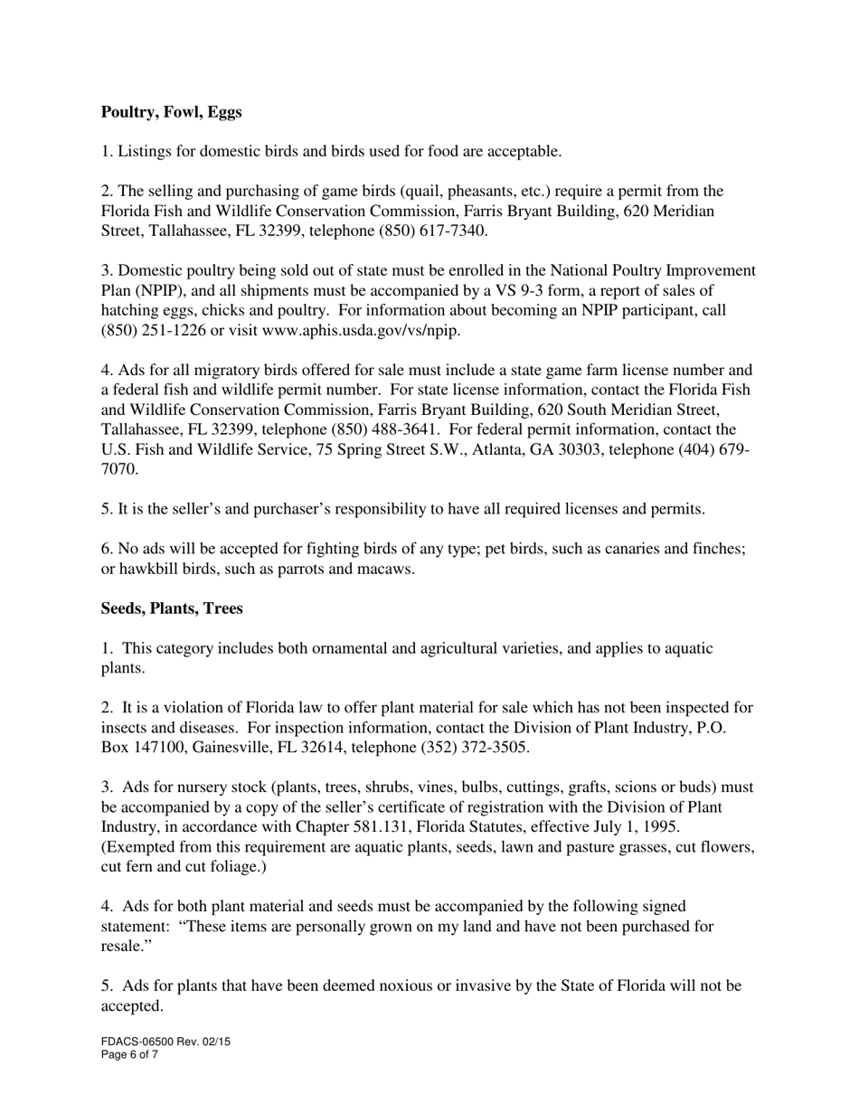 Form FDACS-06500 Florida Marketing Bulletin Classified Advertising Form - Florida, Page 6