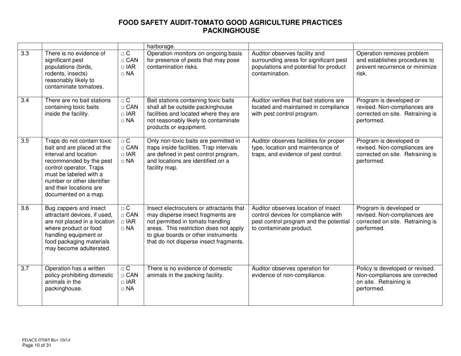 Form FDACS07085 Food Safety Audit-Tomato Good Agriculture Practices Packinghouse - Florida, Page 10