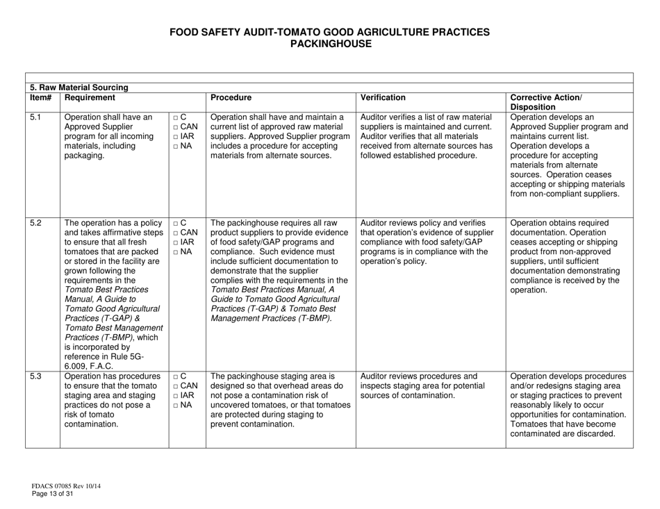 Form FDACS07085 Food Safety Audit-Tomato Good Agriculture Practices Packinghouse - Florida, Page 13