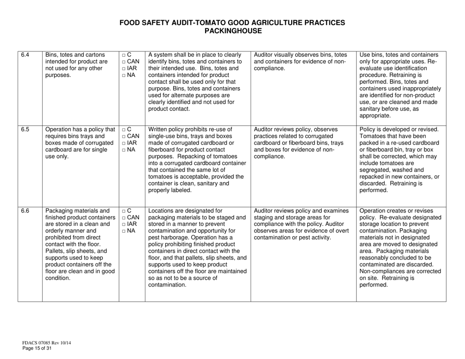 Form FDACS07085 Food Safety Audit-Tomato Good Agriculture Practices Packinghouse - Florida, Page 15