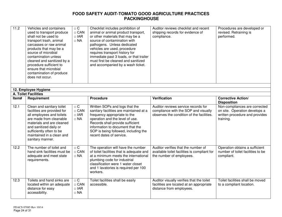 Form FDACS07085 Food Safety Audit-Tomato Good Agriculture Practices Packinghouse - Florida, Page 24