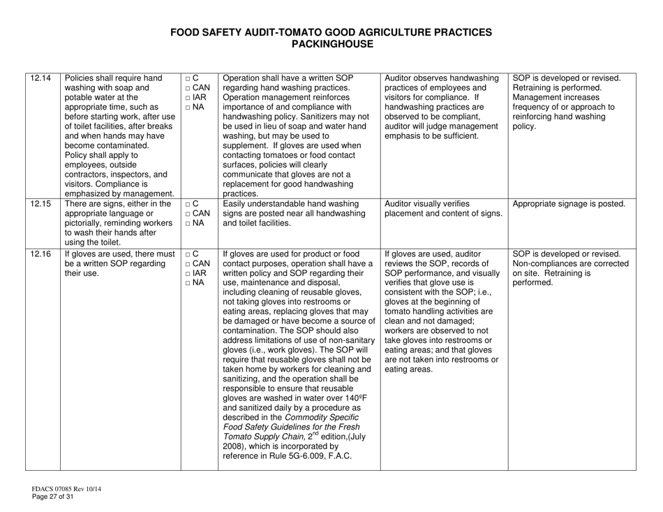 Form FDACS07085 Food Safety Audit-Tomato Good Agriculture Practices Packinghouse - Florida, Page 27