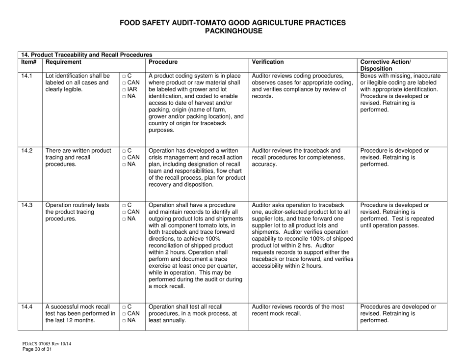 Form FDACS07085 Food Safety Audit-Tomato Good Agriculture Practices Packinghouse - Florida, Page 30