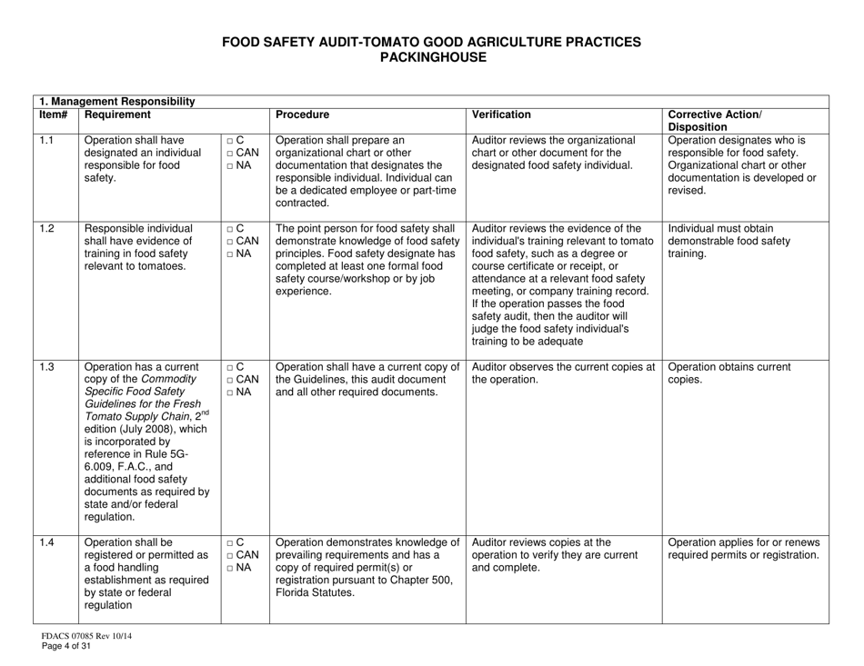 Form FDACS07085 Food Safety Audit-Tomato Good Agriculture Practices Packinghouse - Florida, Page 4