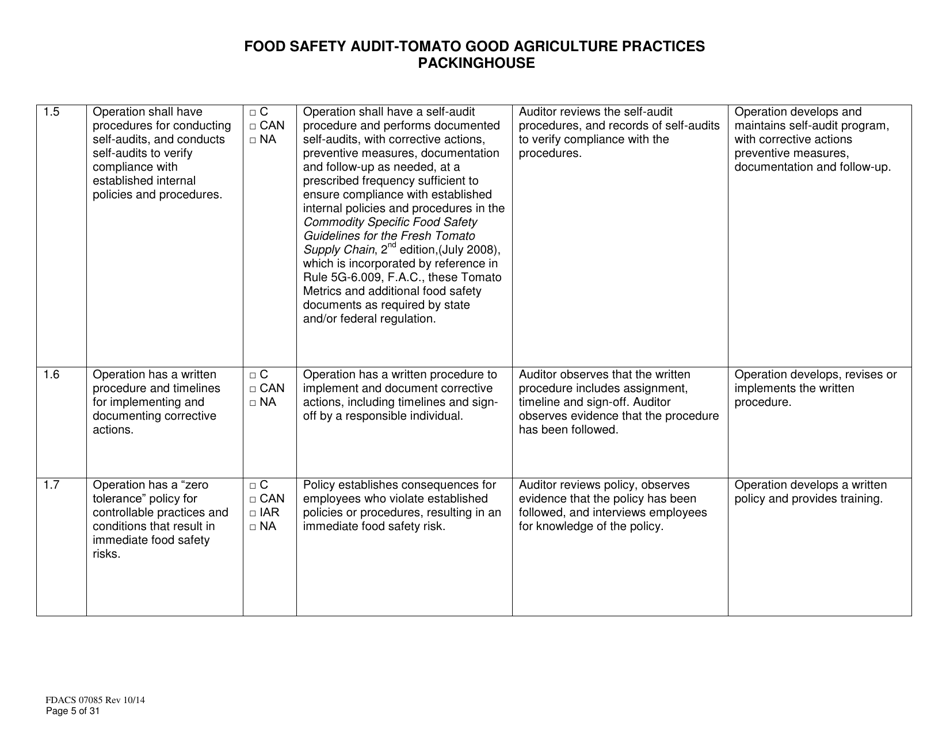 Form FDACS07085 Food Safety Audit-Tomato Good Agriculture Practices Packinghouse - Florida, Page 5