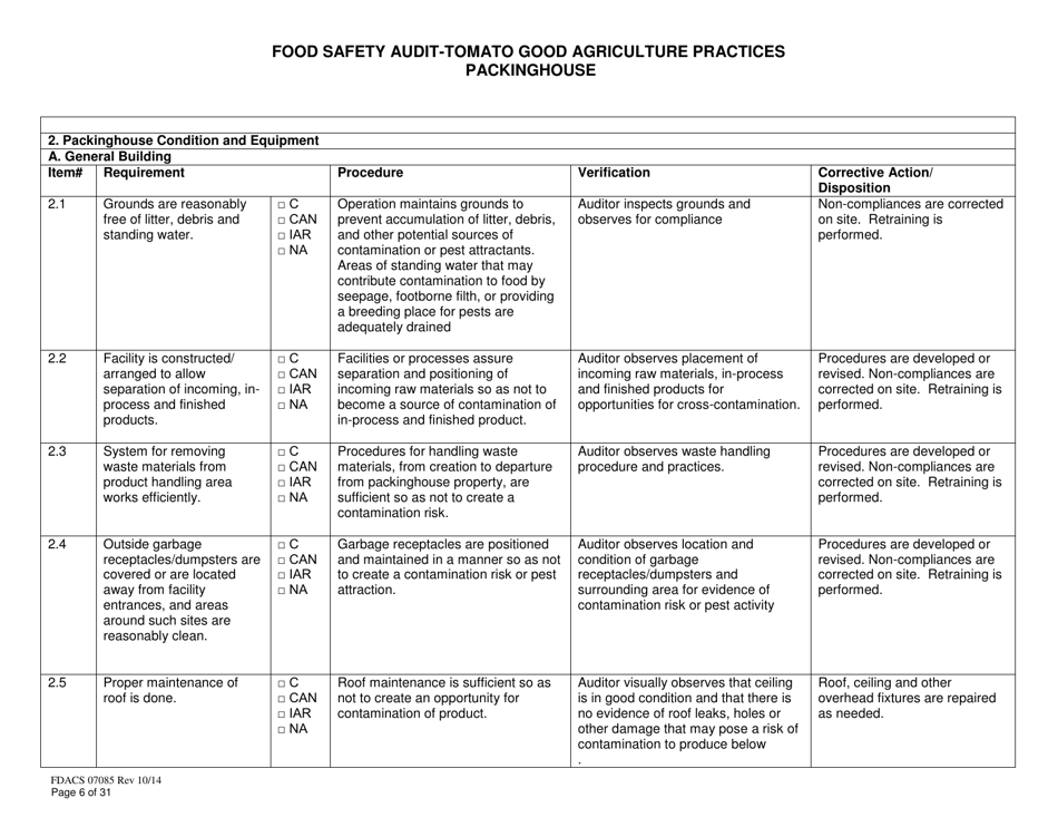 Form FDACS07085 Food Safety Audit-Tomato Good Agriculture Practices Packinghouse - Florida, Page 6