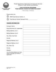 Form FDACS-02025 Child Nutrition Programs Food Service Vendor Information Sheet - Florida