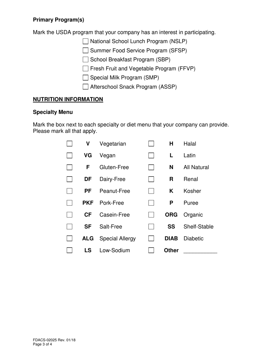 Form FDACS-02025 Child Nutrition Programs Food Service Vendor Information Sheet - Florida, Page 3