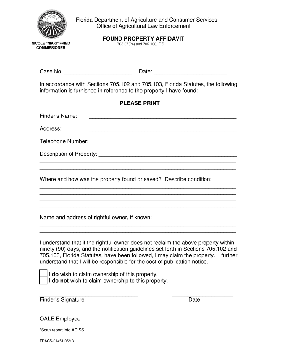 Form FDACS-01451 Found Property Affidavit - Florida, Page 1