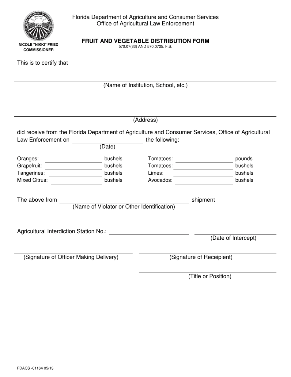 Form FDACS-01164 Fruit and Vegetable Distribution Form - Florida, Page 1