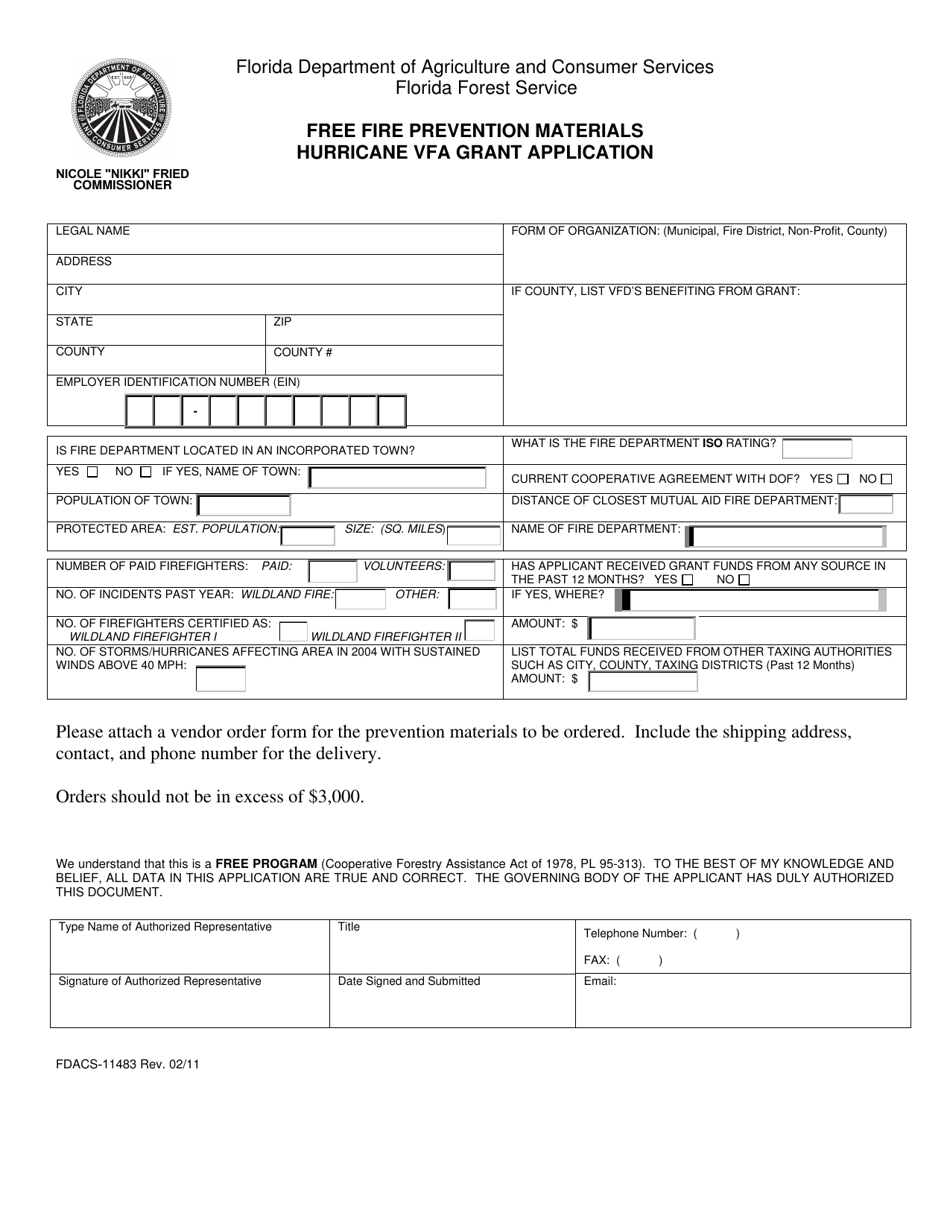 Form FDACS-11483 Free Fire Prevention Materials Hurricane Vfa Grant Application - Florida, Page 1