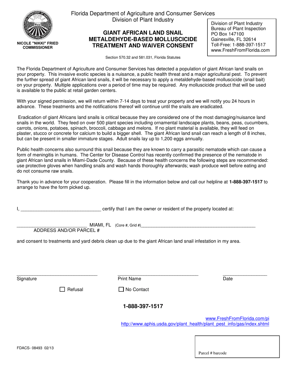 Form FDACS-08493 Giant African Land Snail Metaldehyde-Based Molluscicide Treatment and Waiver Consent - Florida, Page 1