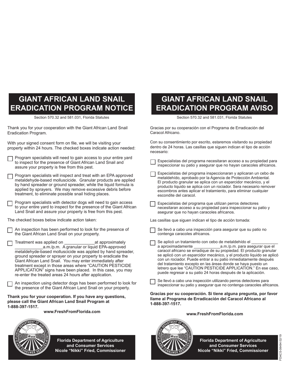 Snail Program Form FDACS-08494 - Fill Out, Sign Online and Download Printable PDF ...