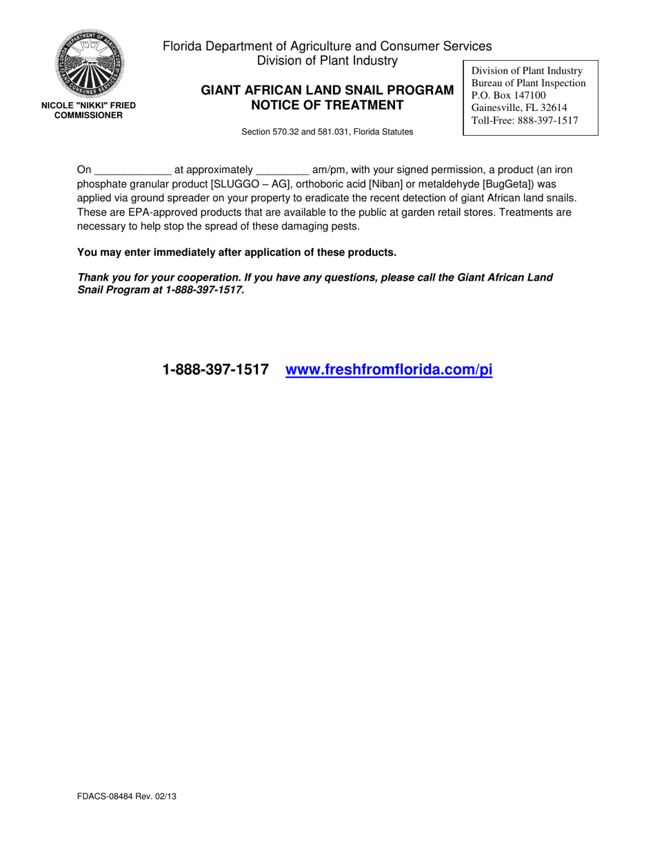 Form FDACS-08484 Giant African Land Snail Program Notice of Treatment - Florida, Page 1