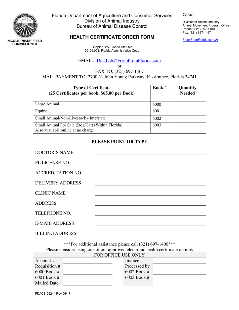Form FDACS-09244 Health Certificate Order Form - Florida, Page 1