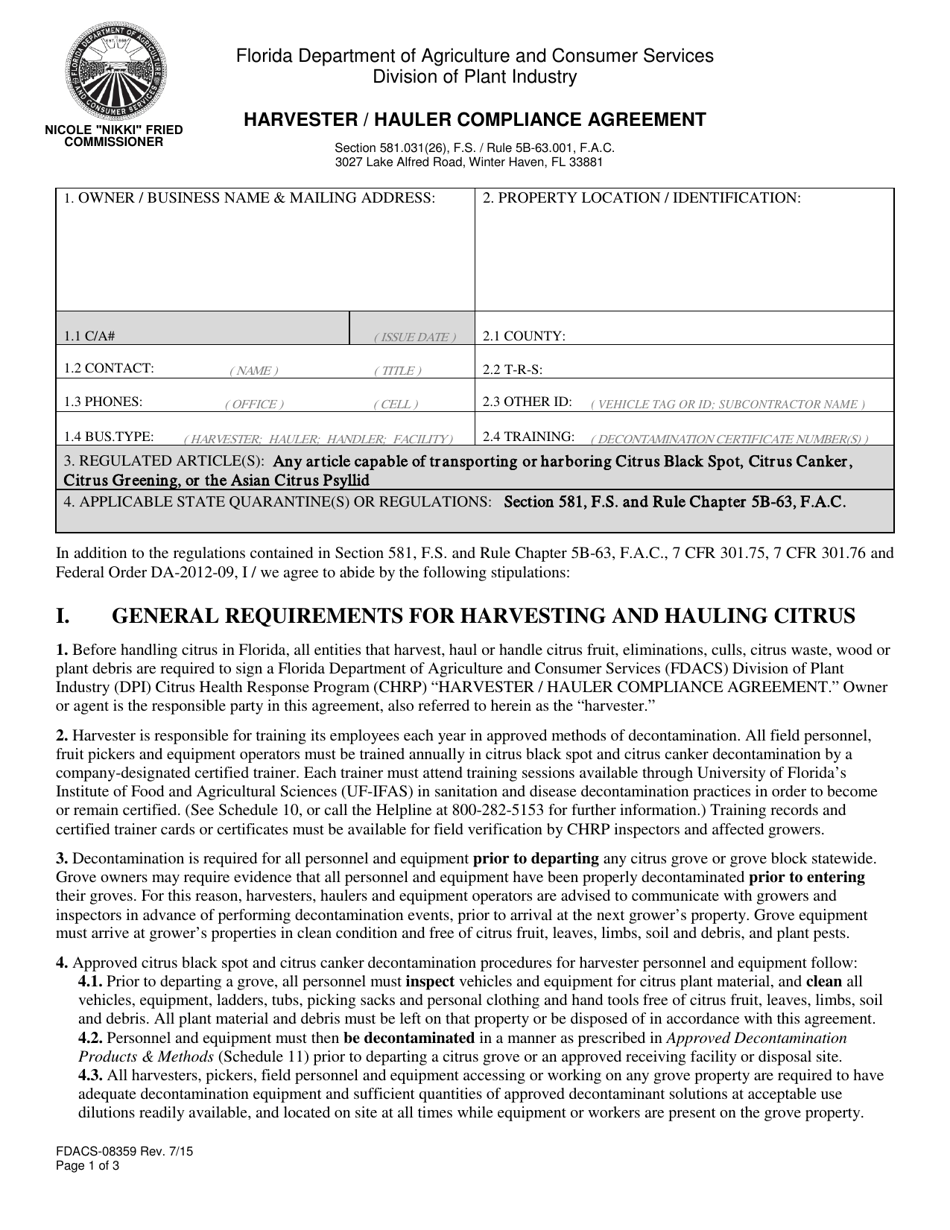 Form FDACS-08359 Harvester / Hauler Compliance Agreement - Florida, Page 1