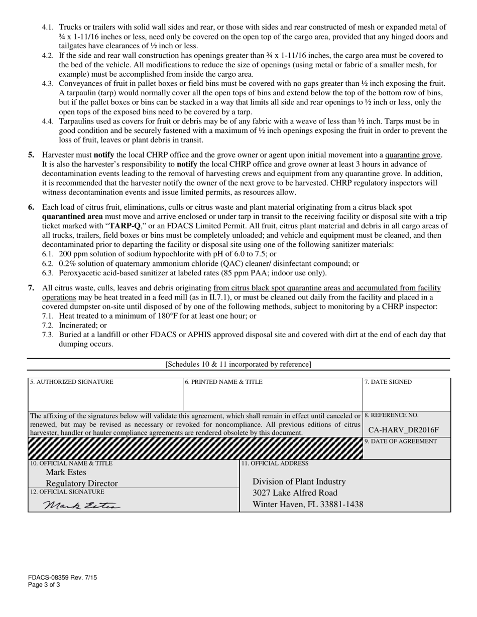 Form FDACS-08359 Harvester / Hauler Compliance Agreement - Florida, Page 3